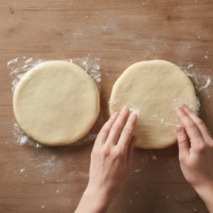 Hands wrapping one of two smooth disks of homemade pie dough in plastic wrap, preparing the buttery chicken pie crust for chilling.