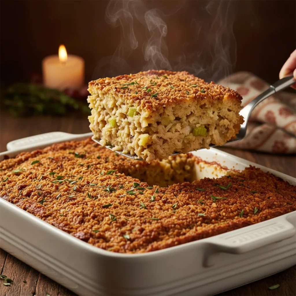 A server lifts a perfectly square, steaming hot slice of moist stuffing recipe from a baking dish, showing the tender inside and crispy golden top.