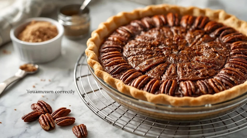 A full, perfectly baked pecan pie recipe with a caramelized pecan topping, cooling in a glass dish on a wire rack to allow the homemade filling to set.
