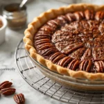 A full, perfectly baked pecan pie recipe with a caramelized pecan topping, cooling in a glass dish on a wire rack to allow the homemade filling to set.