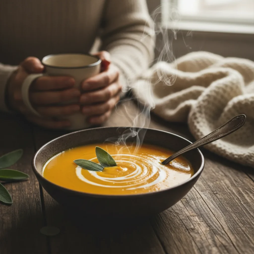 A cozy bowl of steaming hot creamy pumpkin soup on a rustic wooden table, illustrating why this is the best fall soup recipe.
