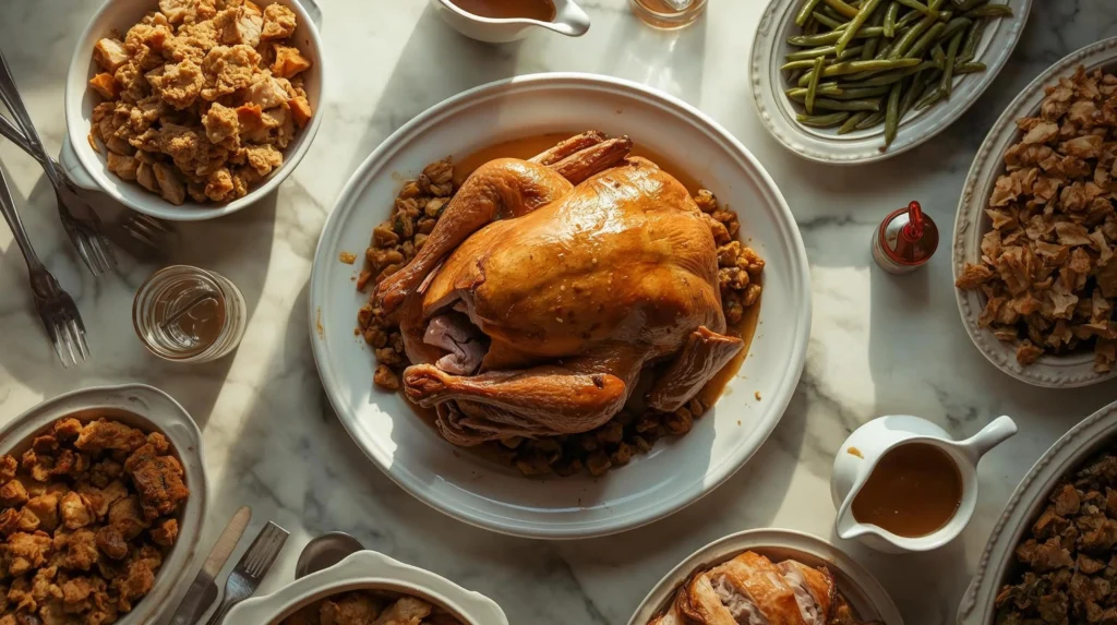 A top-down view of a full Thanksgiving roast turkey recipe feast, with the golden-brown roast turkey on a central platter, surrounded by bowls of stuffing, green beans, and gravy boats.