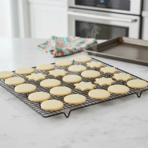 Freshly baked, pale golden christmas sugar cookies cooling on a black wire rack, ready for christmas cookie decorating.