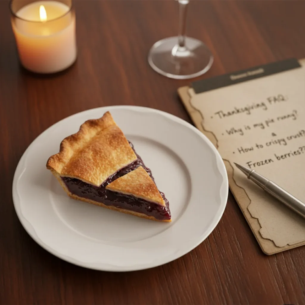 A single slice of homemade blueberry pie on a plate next to an FAQ notepad asking "Why is my pie runny?" and "How to crispy crust?", showing the solved problems.