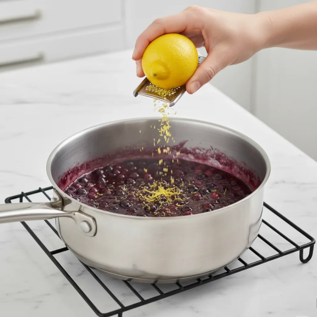 A hand grating fresh lemon zest directly into a saucepan of hot, thickened blueberry pie filling, adding a bright citrus flavor before cooling.