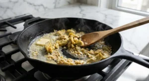 A wooden spoon stirring butter, chopped artichoke hearts, and minced garlic in a cast iron skillet, starting the flavor base for a homemade spinach artichoke dip.
