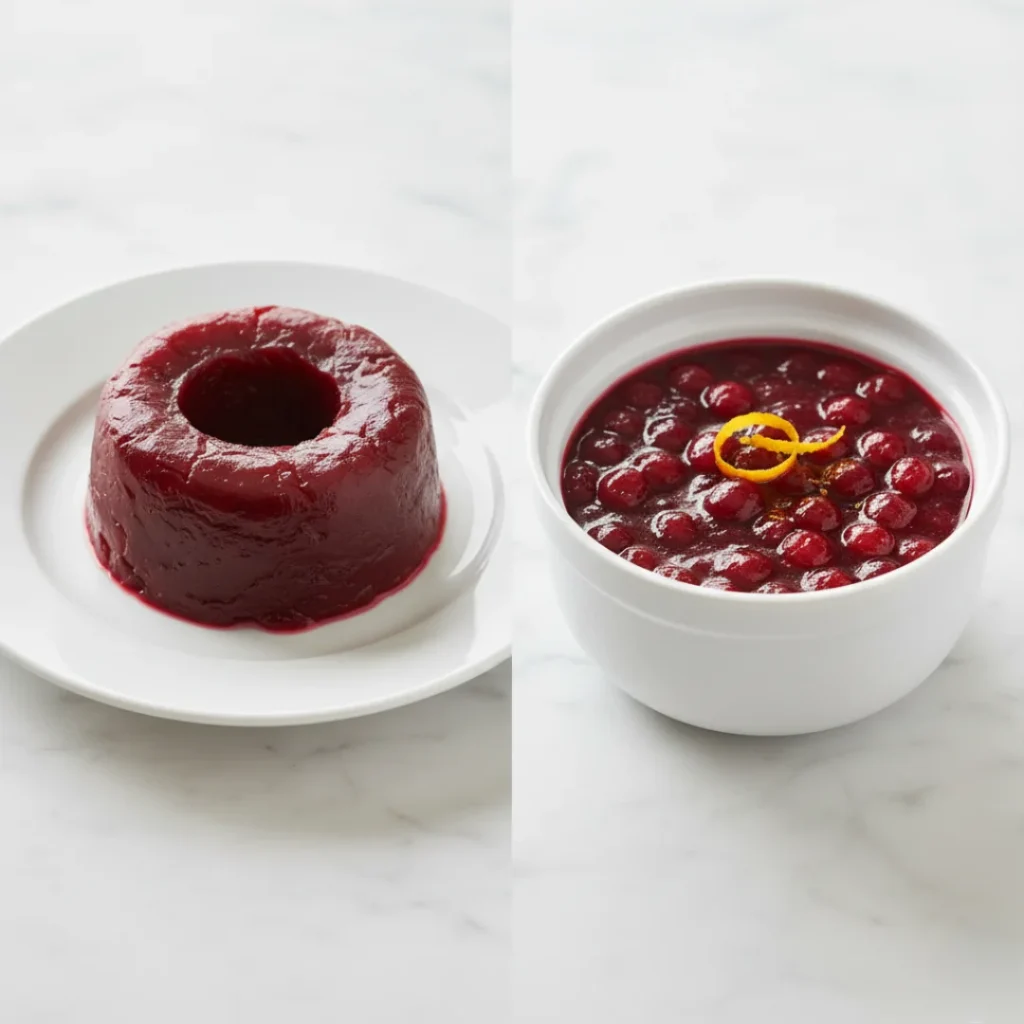 A side-by-side comparison of jellied cranberry sauce (canned) on a plate next to a bowl of vibrant, whole-berry, fresh cranberry sauce (homemade).