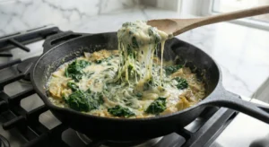 A wooden spoon stirring a hot, stringy spinach artichoke dip in a cast iron skillet, with melted mozzarella cheese creating a rich, creamy texture.