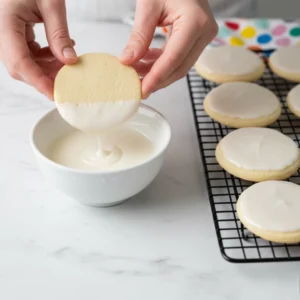 Hands dipping a cooled christmas sugar cookie into a bowl of white glaze, demonstrating the simple dipping method for christmas cookie decorating.
