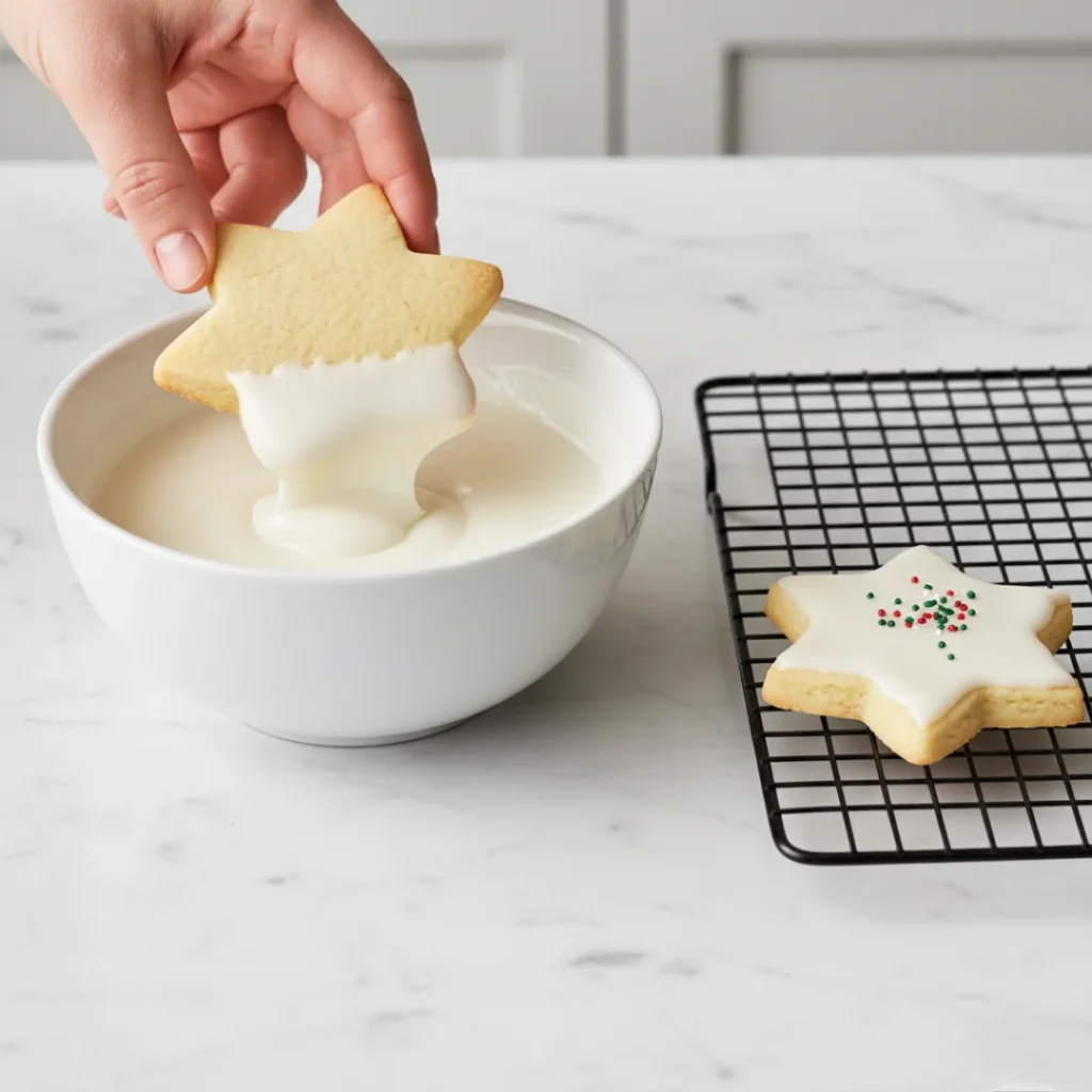 Hands dipping a star-shaped, cooled christmas sugar cookie into a bowl of white glaze, demonstrating the simple dipping method for christmas cookie decorating.