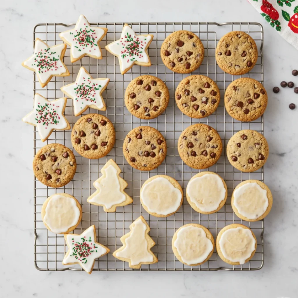 A wire cooling rack covered in a variety of Christmas Cookies, including decorated Christmas cookies (stars), plain iced sugar cookies, and chocolate chip Christmas cookies.