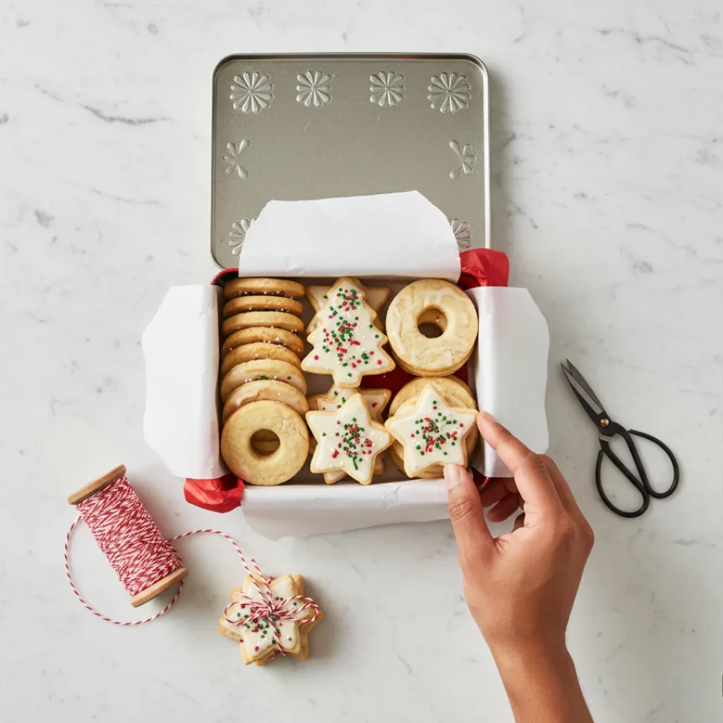 A hand placing decorated Christmas cookies (stars and rings) into a metallic tin lined with white paper, demonstrating how to package homemade holiday cookies.