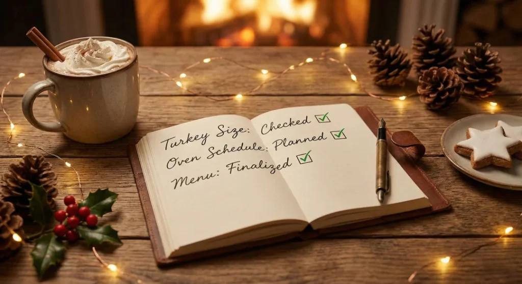 A notebook open on a wooden table, showing a Christmas checklist with items like "Turkey Size" and "Oven Schedule" checked off, symbolizing the Christmas meal prep timeline.