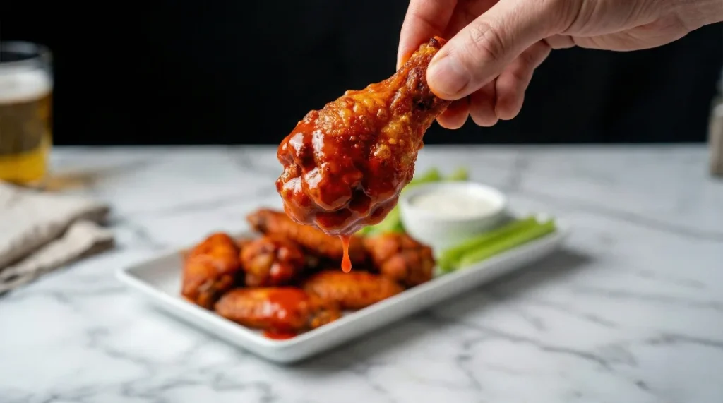 A hand holding up a single, glossy, sauce-drenched crispy baked buffalo wing drumstick, with sauce dripping off, proving the crispy wings without frying hack works.