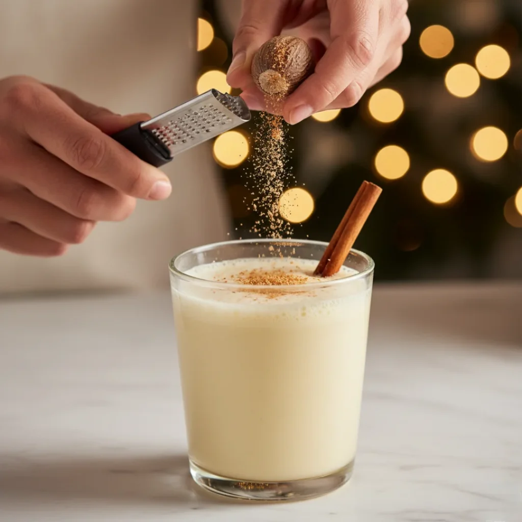 Hands grating fresh nutmeg over a glass of creamy homemade eggnog garnished with a cinnamon stick, concluding the traditional eggnog recipe guide.
