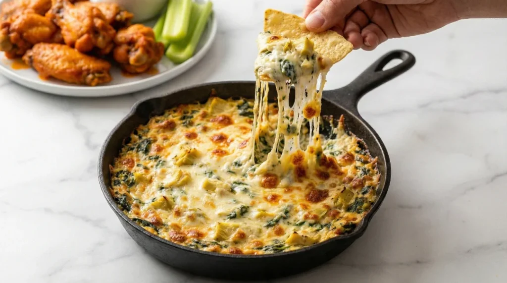 A hand dipping a chip into a hot, baked spinach artichoke dip in a cast iron skillet, creating a long, stringy cheese pull, proving the creamy texture.