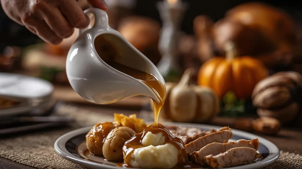 A hand pouring rich, homemade turkey gravy from a white boat over a holiday plate of sliced turkey, mashed potatoes, and roasted vegetables.