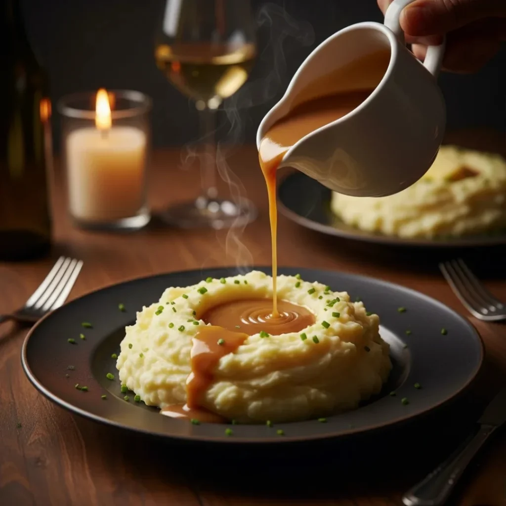 A luxurious, steaming serving of creamy mashed potatoes shaped into a well, being filled with rich turkey gravy from a white sauce boat, set on a dark plate for a holiday dinner.