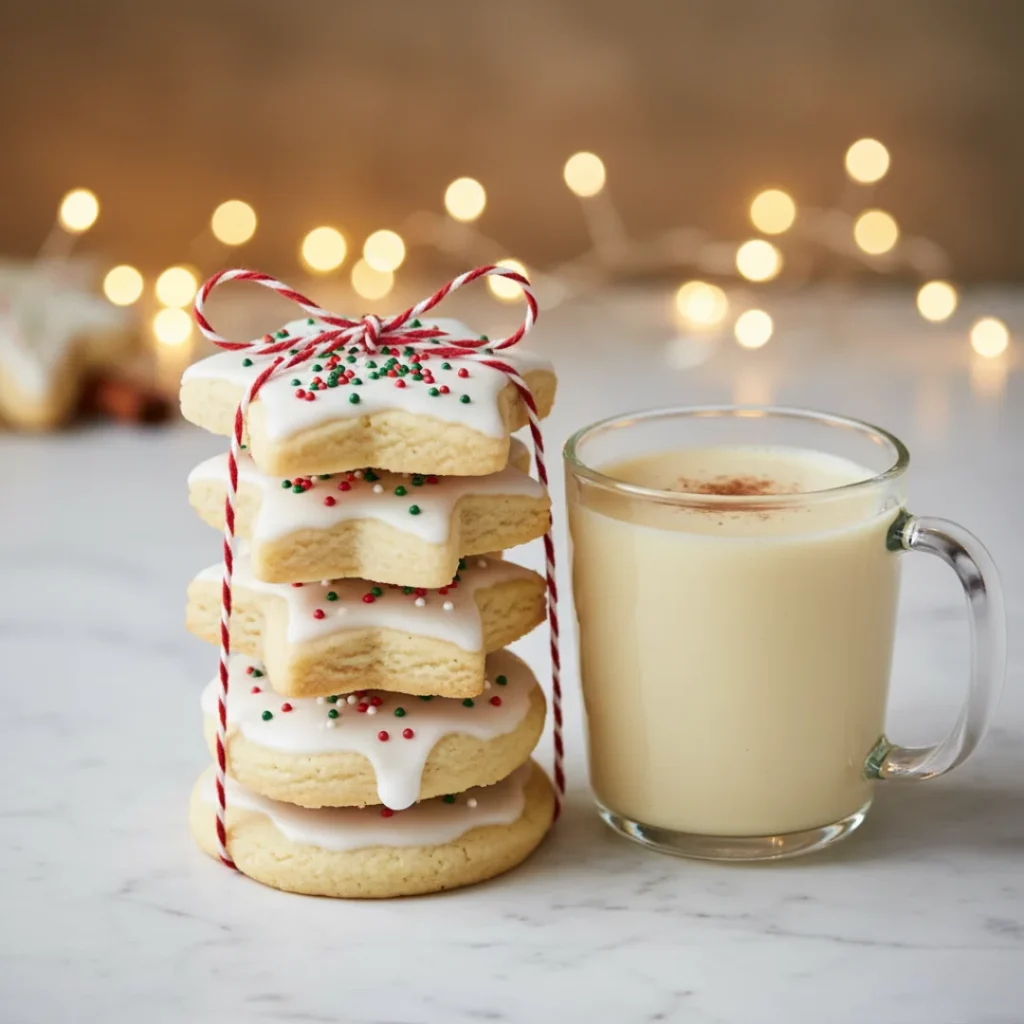 A stack of star-shaped, decorated Christmas cookies tied with festive twine, resting next to a mug of eggnog, set against blurred holiday lights.