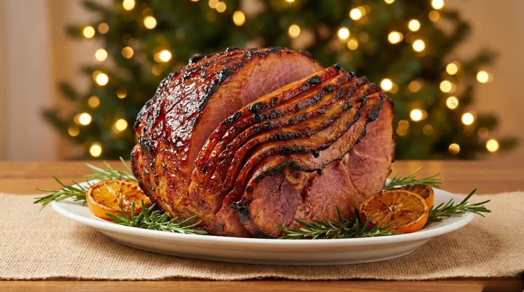 A whole spiral cut honey glazed ham on a platter, covered in a sticky brown sugar glaze and garnished with rosemary and orange slices, set against a blurred Christmas tree background.