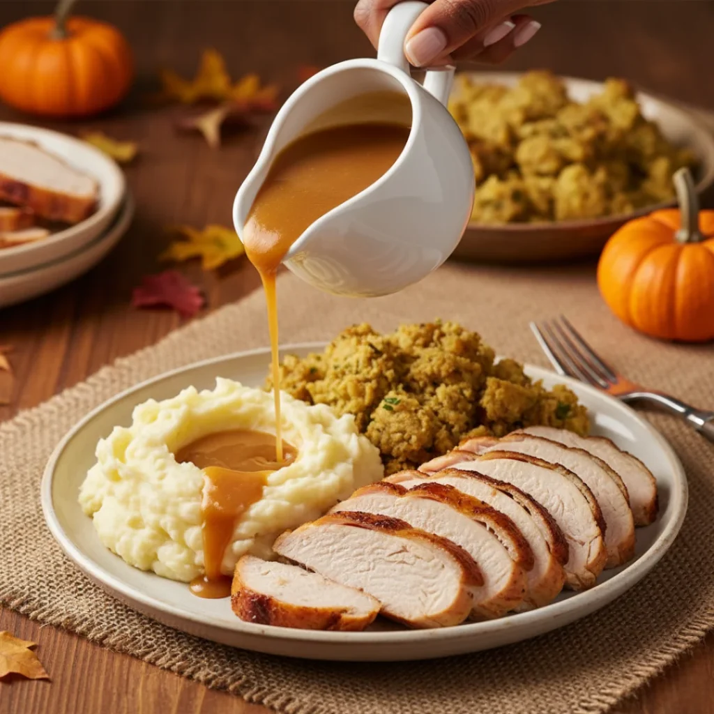 A hand pouring turkey gravy over a plate of sliced, juicy roast turkey, creamy mashed potatoes, and stuffing on a festive Thanksgiving table.