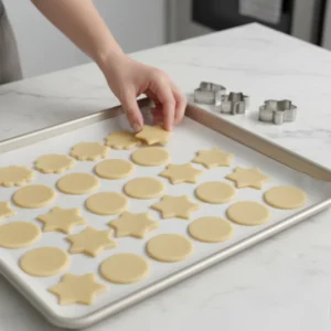 A hand placing a star-shaped christmas sugar cookie cut-out onto a parchment-lined baking sheet next to circles and other cut-out cookie shapes.