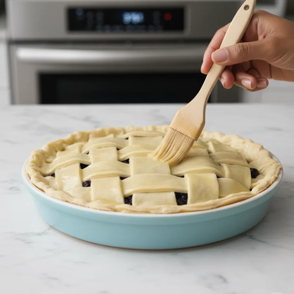 A hand using a pastry brush to apply egg wash to the unbaked lattice crust of a homemade blueberry pie, ensuring a golden brown finish.