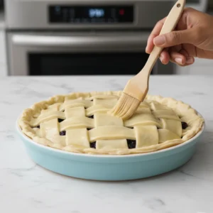 A hand using a pastry brush to apply egg wash to the unbaked lattice crust of a homemade blueberry pie, ensuring a golden brown finish.