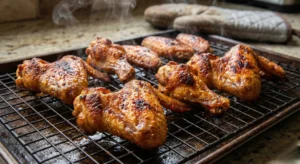Steaming hot, golden brown crispy baked chicken wings resting on a wire rack, showing the final texture achieved after the high-heat oven bake.