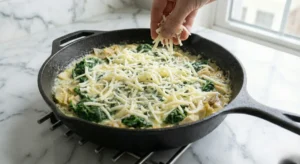 A hand sprinkling a final layer of shredded Mozzarella cheese over the spinach artichoke dip mixture in a cast iron skillet before baking.