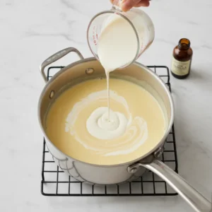 A hand pouring heavy cream from a measuring cup into the hot, thick eggnog base in a saucepan, completing the creamy homemade eggnog mixture.