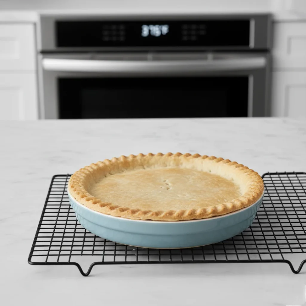 A light blue ceramic pie dish holding a fully blind-baked pie crust that is light golden brown, resting on a cooling rack, ready to receive the blueberry pie filling.