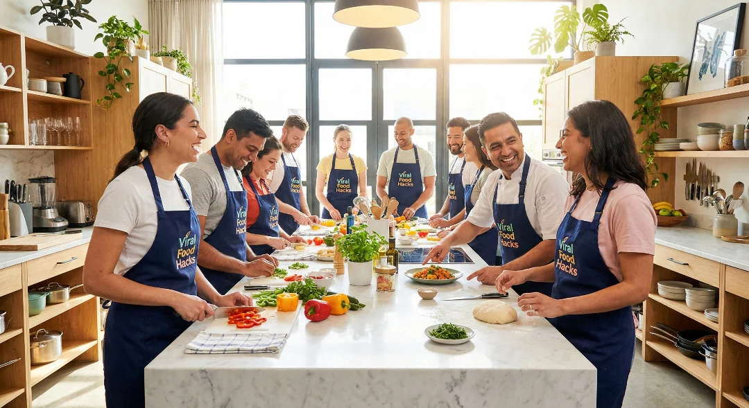 A bright kitchen scene showing a diverse group of participants in Viral Food Hacks Workshops, happily engaging in a hands-on cooking class and chopping fresh ingredients.