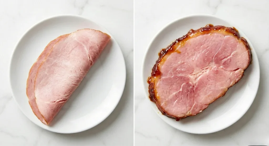 A side-by-side comparison of ham slices: the left showing plain deli slices, and the right showing a thick, caramelized cross-section of a honey glazed ham.
