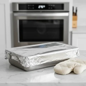 A roasting pan containing a baked honey glazed ham, completely sealed with aluminum foil, sitting on a counter next to an oven mitt before being placed in the oven.