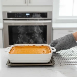 A hand in a grey oven mitt removing a hot, steaming white baking dish of baked sweet potato casserole filling from the oven onto a wire cooling rack.