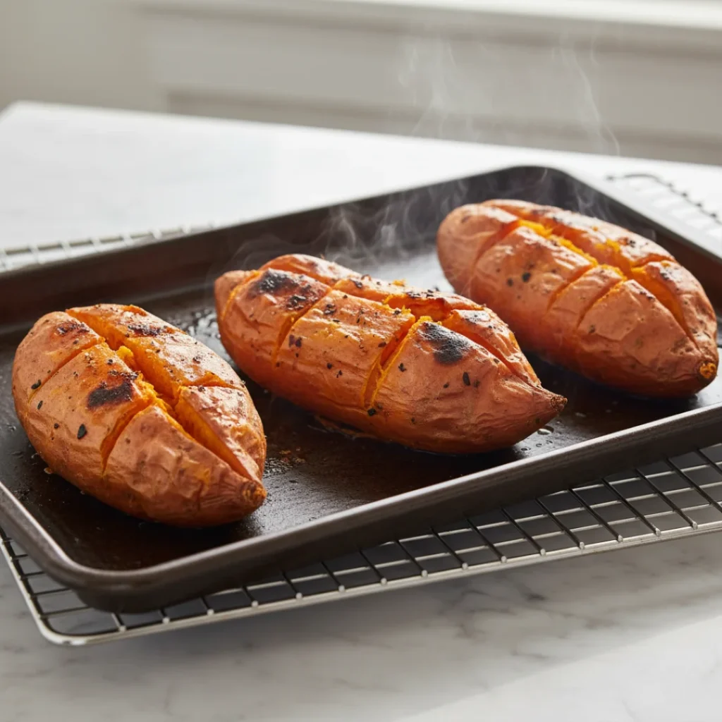 Three steaming, deeply roasted sweet potatoes, scored with cuts, resting on a dark baking sheet, showing that they are fully cooked and tender.