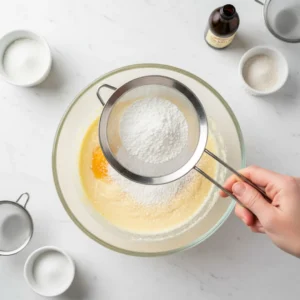 A hand sifting powdered sugar and flour through a sieve into a glass bowl containing the butter and egg mixture, preparing the cookie dough.