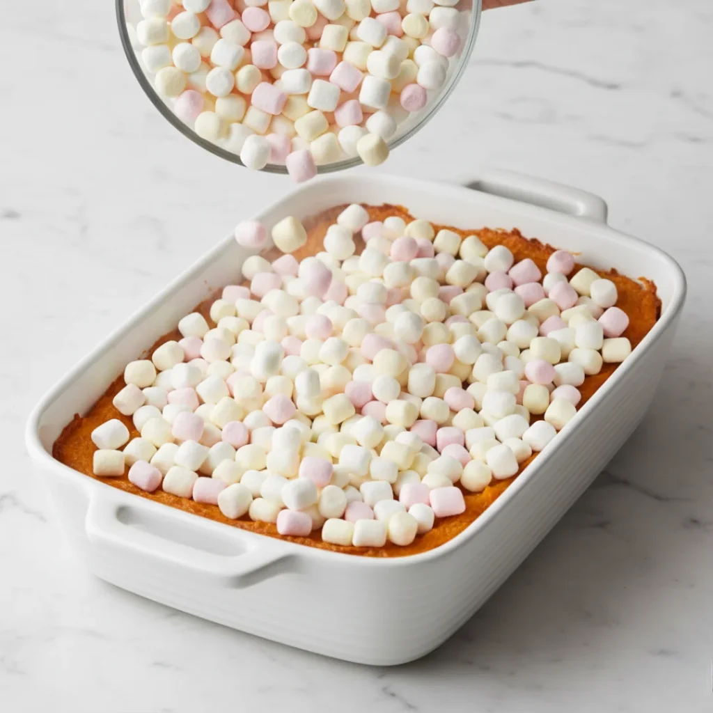 A hand sprinkling a bowl of white and pink mini-marshmallows evenly over a partially baked sweet potato casserole filling in a white baking dish.