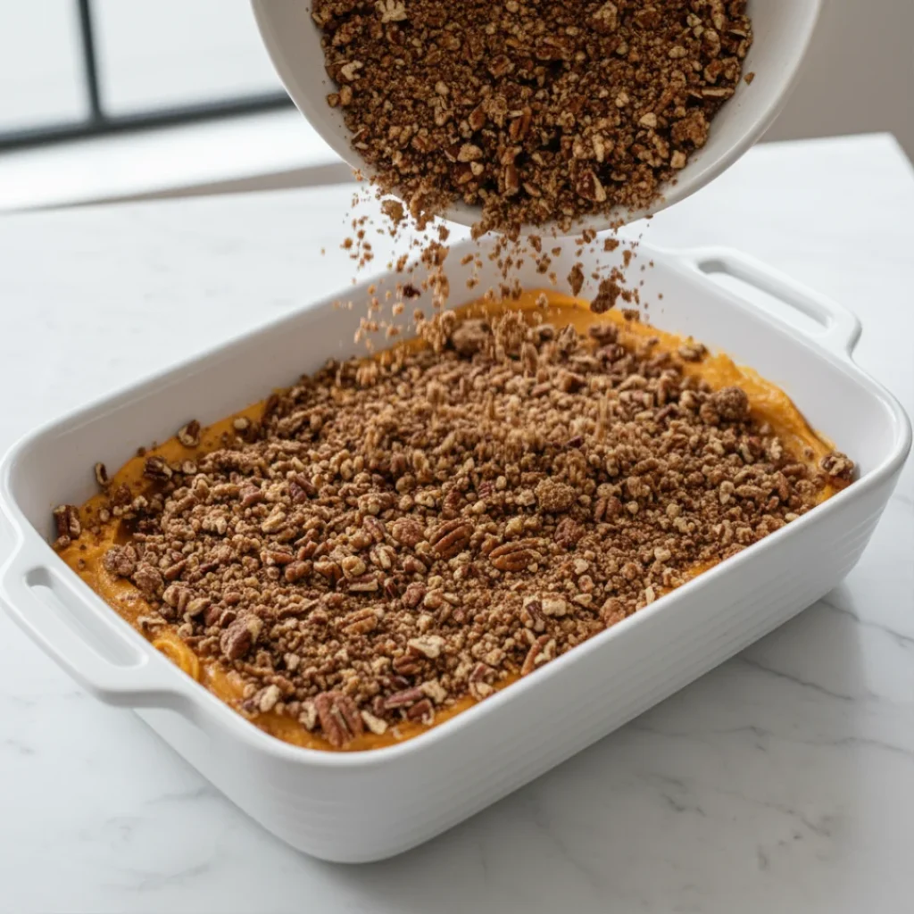 A white bowl pouring a dark, rich brown pecan and brown sugar crumble mixture evenly over the orange sweet potato casserole filling in a white baking dish.