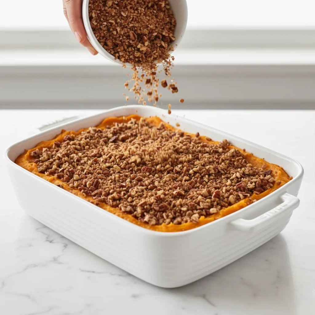A hand pouring a bowl of brown, crunchy pecan streusel topping evenly over the orange sweet potato casserole filling in a white baking dish.