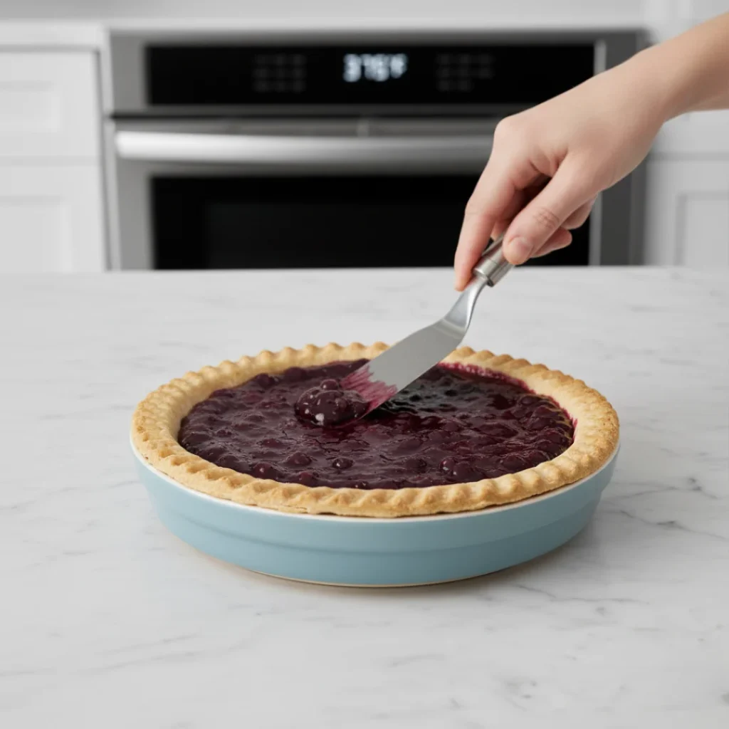 A hand spreading dark, jammy blueberry pie filling into a fully blind-baked pie crust using a small metal spatula.