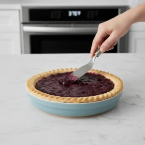 A hand spreading dark, jammy blueberry pie filling into a fully blind-baked pie crust using a small metal spatula.