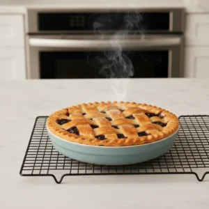 A freshly baked, steaming hot homemade blueberry pie with a golden-brown lattice crust, resting on a wire rack to cool after being removed from the oven.