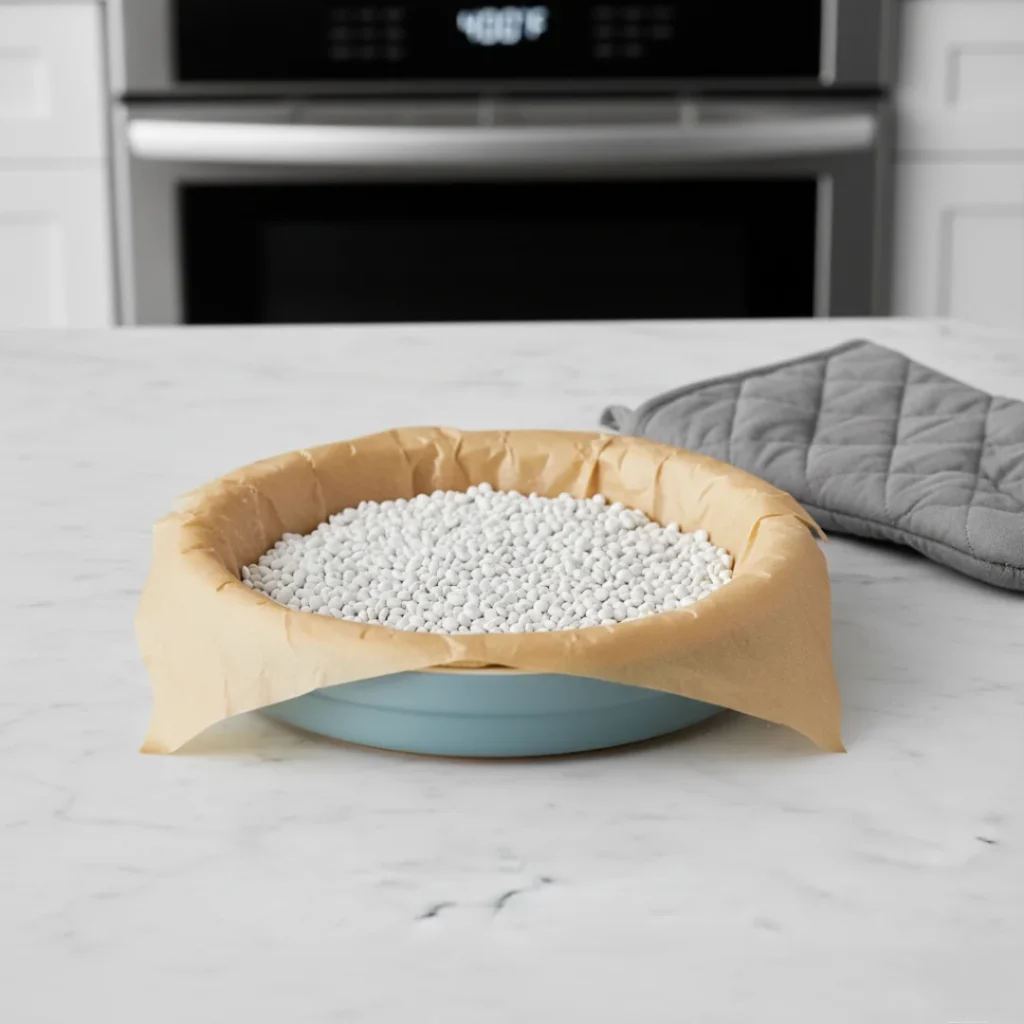 An unbaked pie crust in a blue dish, lined with parchment paper and filled with white pie weights, prepped for blind baking to ensure a flaky pie crust.