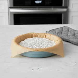 An unbaked pie crust in a blue dish, lined with parchment paper and filled with white pie weights, prepped for blind baking to ensure a flaky pie crust.