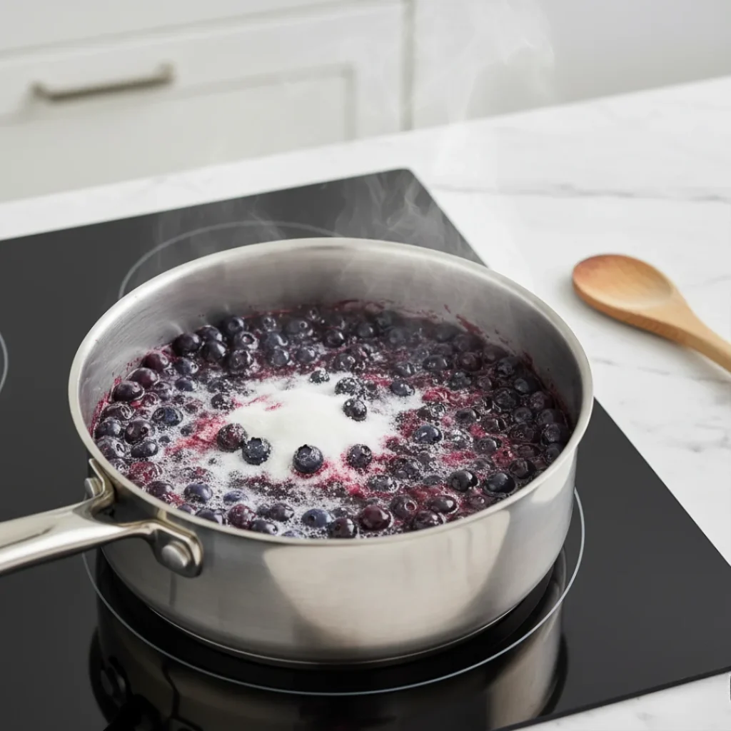 A stainless steel saucepan on the stove containing fresh blueberries simmering with sugar and lemon juice, showing the mixture boiling and berries beginning to pop to create a hot, bubbly blueberry pie filling.