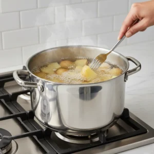 A fork testing a cubed potato in a pot of boiling water on a stove to check if it's completely fork-tender for a creamy mashed potatoes recipe.
