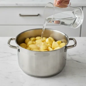 A hand pouring water from a glass pitcher over peeled and cubed potatoes in a stainless steel pot, starting the process for a creamy mashed potatoes recipe.