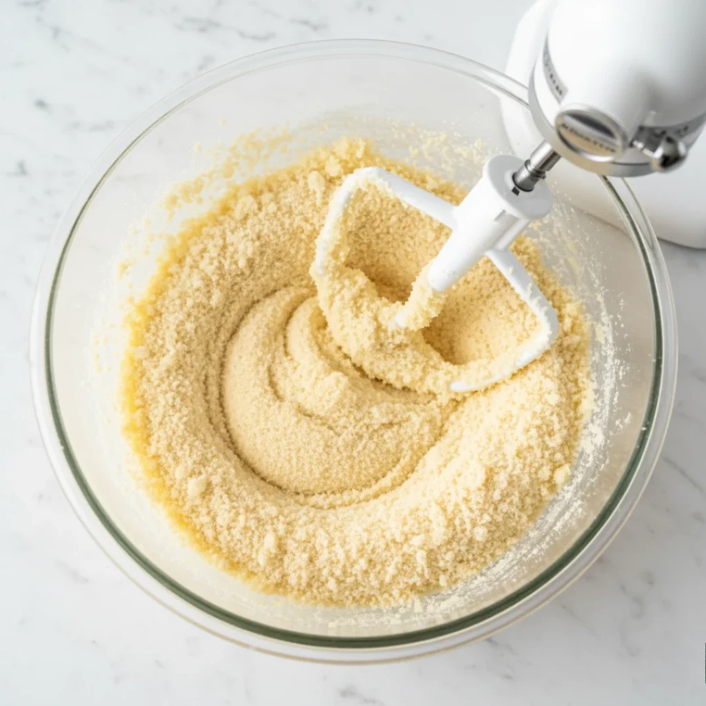 A close-up of a stand mixer bowl showing a sandy, crumbly mixture of cold butter and sugar, the essential first step for homemade Christmas cookies.